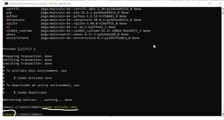conda create command creating a new virtual environment