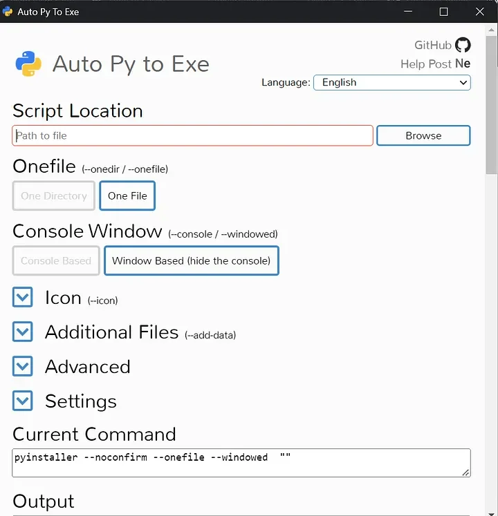 auto-py-to-exe graphical interface
