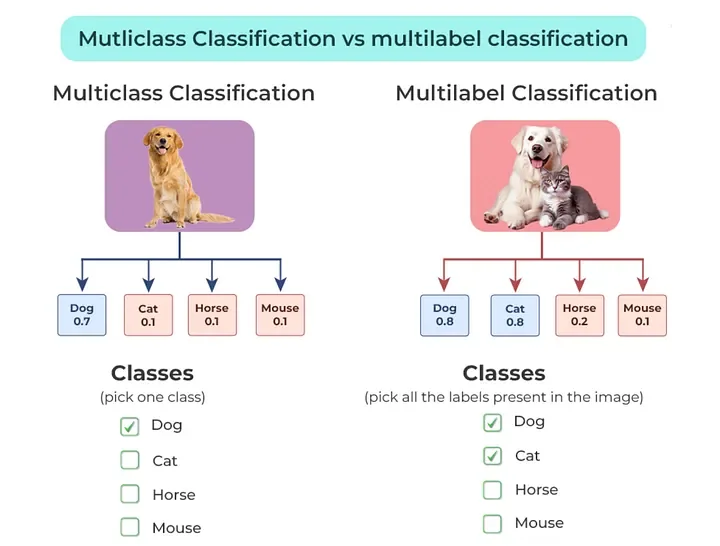 Comparison diagram: multiclass classification (one label) vs multilabel classification (multiple labels)