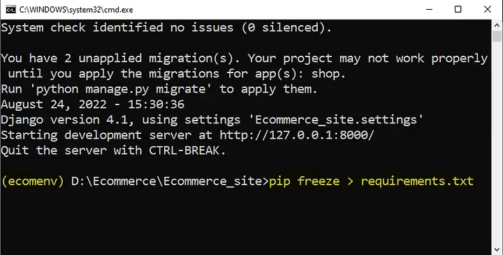 pip freeze command output showing package versions